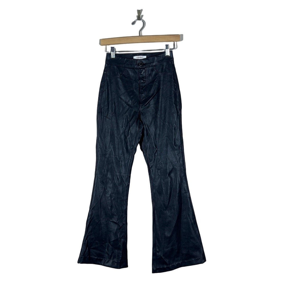 Vibrant M.I.U. Faux Leather Solid Flare Pants Black Edgy High Waisted Size 3 W25